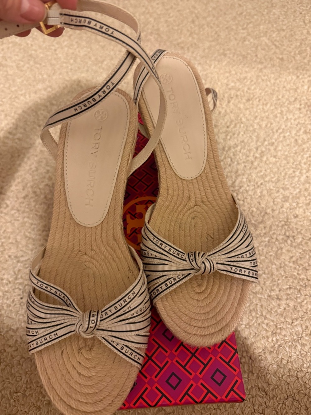 Tory Burch Cream Espadrille Bow Wedge Sandals - Picture 2 of 10